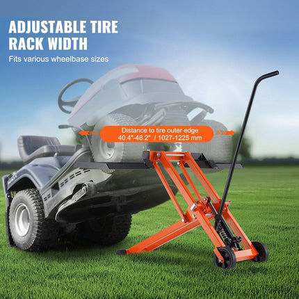 Lawn Mower Lift with Hydraulic Jack, 500 Lbs Weight Capacity, Solid Carbon Steel Lawn Mower Lift, Adjustable Movable Lawn Lifter for Riding Tractors and Zero Turn Lawn Mowers, Orange.