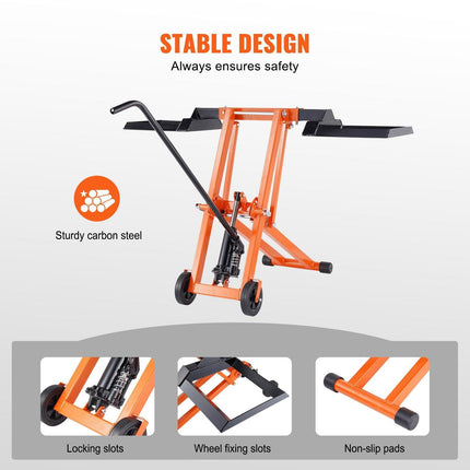 Lawn Mower Lift with Hydraulic Jack, 500 Lbs Weight Capacity, Solid Carbon Steel Lawn Mower Lift, Adjustable Movable Lawn Lifter for Riding Tractors and Zero Turn Lawn Mowers, Orange.