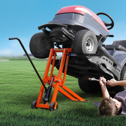 Lawn Mower Lift with Hydraulic Jack, 500 Lbs Weight Capacity, Solid Carbon Steel Lawn Mower Lift, Adjustable Movable Lawn Lifter for Riding Tractors and Zero Turn Lawn Mowers, Orange.