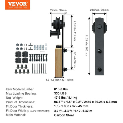 8FT Sliding Barn Door Hardware Closet Track Kit for Double Doors I Hanger.