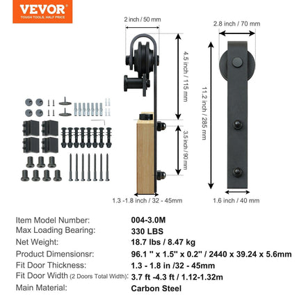 2440 mm Sliding Barn Door Hardware Closet Track Kit for Double Doors J Hanger.