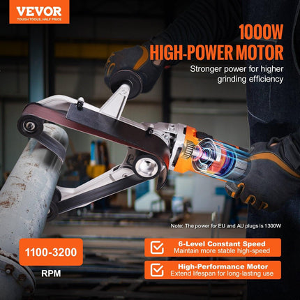 Pipe Tube Polisher Sander, 1300W Pipe Belt Sander with 6 Variable Speeds 1100-3200rpm, Professional Belt Sander Grinding Machine with 3PCS Sanding Belts for Burnishing Finishing Rust Removal.