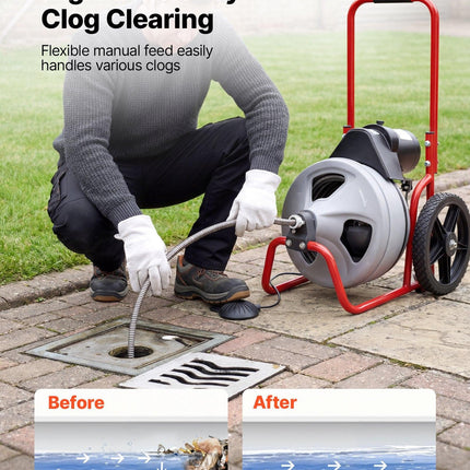 VEVOR Drain Cleaner Machine 22m x 9.5mm, Sewer Snake Auger Manual Feed on Wheels, Portable Drain Cleaning Machine with 6 Cutters & Air-activated Foot Switch for 50mm to 100mm Pipes.