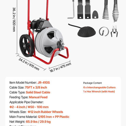VEVOR Drain Cleaner Machine 22m x 9.5mm, Sewer Snake Auger Manual Feed on Wheels, Portable Drain Cleaning Machine with 6 Cutters & Air-activated Foot Switch for 50mm to 100mm Pipes.