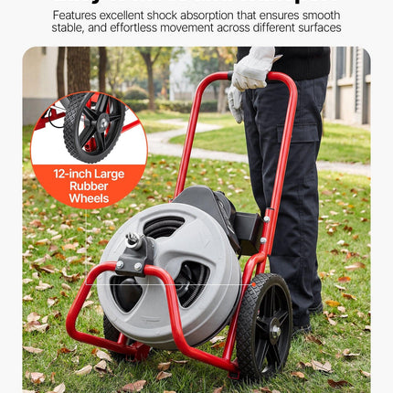 VEVOR Drain Cleaner Machine 22m x 9.5mm, Sewer Snake Auger Manual Feed on Wheels, Portable Drain Cleaning Machine with 6 Cutters & Air-activated Foot Switch for 50mm to 100mm Pipes.