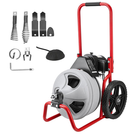 VEVOR Drain Cleaner Machine 22m x 9.5mm, Sewer Snake Auger Manual Feed on Wheels, Portable Drain Cleaning Machine with 6 Cutters & Air-activated Foot Switch for 50mm to 100mm Pipes.