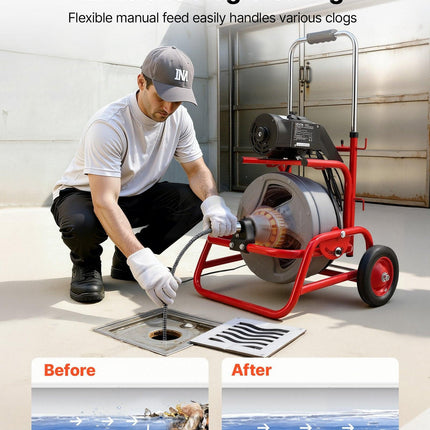 VEVOR Drain Cleaner Machine 22m x 12.7mm, Sewer Snake Auger on Wheels, Manual Feed Drain Cleaning Machine with Adjustable Drum Angle, 6 Cutters & Air-activated Foot Switch for 50mm to 150mm Pipes.
