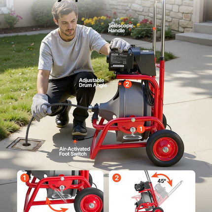 VEVOR Drain Cleaner Machine 22m x 12.7mm, Sewer Snake Auger on Wheels, Manual Feed Drain Cleaning Machine with Adjustable Drum Angle, 6 Cutters & Air-activated Foot Switch for 50mm to 150mm Pipes.