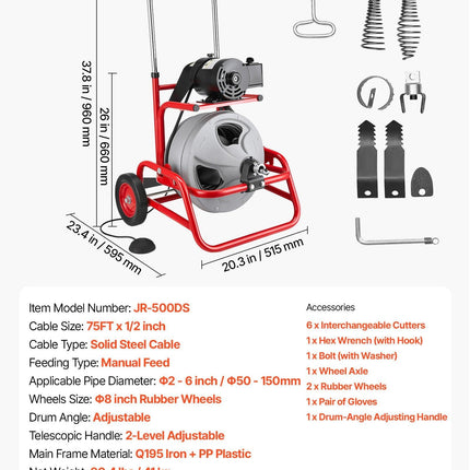VEVOR Drain Cleaner Machine 22m x 12.7mm, Sewer Snake Auger on Wheels, Manual Feed Drain Cleaning Machine with Adjustable Drum Angle, 6 Cutters & Air-activated Foot Switch for 50mm to 150mm Pipes.