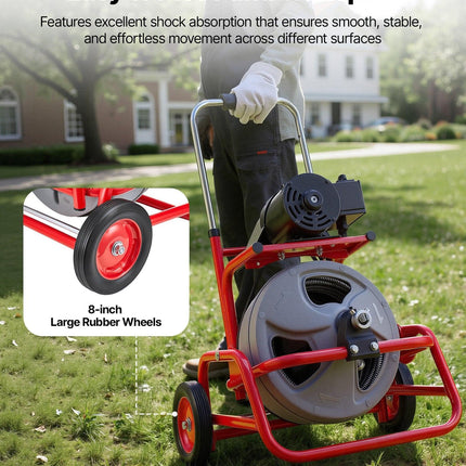 VEVOR Drain Cleaner Machine 22m x 12.7mm, Sewer Snake Auger on Wheels, Manual Feed Drain Cleaning Machine with Adjustable Drum Angle, 6 Cutters & Air-activated Foot Switch for 50mm to 150mm Pipes.