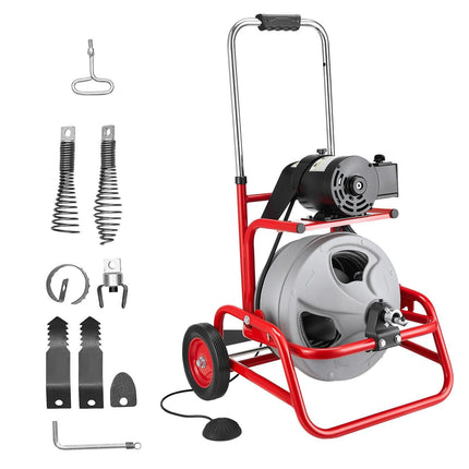 VEVOR Drain Cleaner Machine 22m x 12.7mm, Sewer Snake Auger on Wheels, Manual Feed Drain Cleaning Machine with Adjustable Drum Angle, 6 Cutters & Air-activated Foot Switch for 50mm to 150mm Pipes.