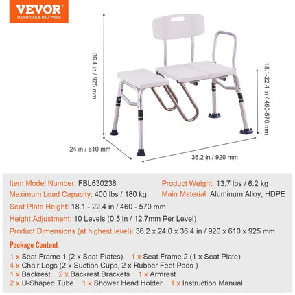 Tub Transfer Bench Bathtub Shower Seat for Senior Height Adjustable 400LBS.