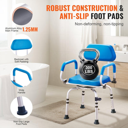 Swivel Shower Chair 360 Degree, Adjustable Shower Seat with Pivoting Arms & Padded Bath Seat for Inside Shower or Tub, Non-Slip Rotating Bathtub Chair for Elderly Disabled, 300LBS Capacity.