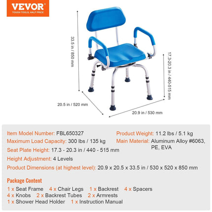 Swivel Shower Chair 360 Degree, Adjustable Shower Seat with Pivoting Arms & Padded Bath Seat for Inside Shower or Tub, Non-Slip Rotating Bathtub Chair for Elderly Disabled, 300LBS Capacity.