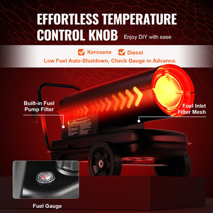 Portable Kerosene Forced Air Heater 70000 BTU Indoor Outdoor Use 5gal Tank.