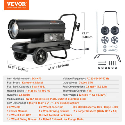 Portable Kerosene Forced Air Heater 70000 BTU Indoor Outdoor Use 5gal Tank.