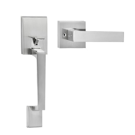 Entry Door Handle, Satin Nickel Square Handle Set with Lever Door Handle No Lock, Adjustable Hole Space, Front Door Handle with Reversible for Right and Left Handed Entrance and Front Door.