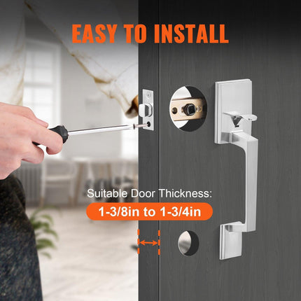 Entry Door Handle, Satin Nickel Square Handle Set with Lever Door Handle No Lock, Adjustable Hole Space, Front Door Handle with Reversible for Right and Left Handed Entrance and Front Door.