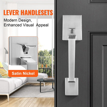 Entry Door Handle, Satin Nickel Square Handle Set with Lever Door Handle No Lock, Adjustable Hole Space, Front Door Handle with Reversible for Right and Left Handed Entrance and Front Door.