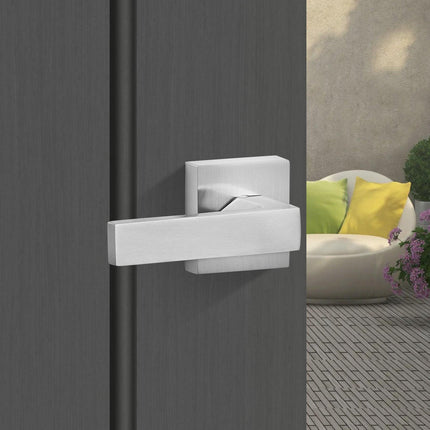 Entry Door Handle, Satin Nickel Square Handle Set with Lever Door Handle No Lock, Adjustable Hole Space, Front Door Handle with Reversible for Right and Left Handed Entrance and Front Door.