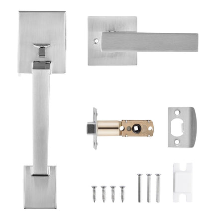 Entry Door Handle, Satin Nickel Square Handle Set with Lever Door Handle No Lock, Adjustable Hole Space, Front Door Handle with Reversible for Right and Left Handed Entrance and Front Door.
