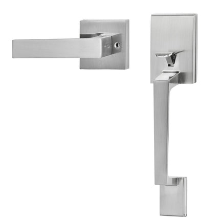Entry Door Handle, Satin Nickel Square Handle Set with Lever Door Handle No Lock, Adjustable Hole Space, Front Door Handle with Reversible for Right and Left Handed Entrance and Front Door.