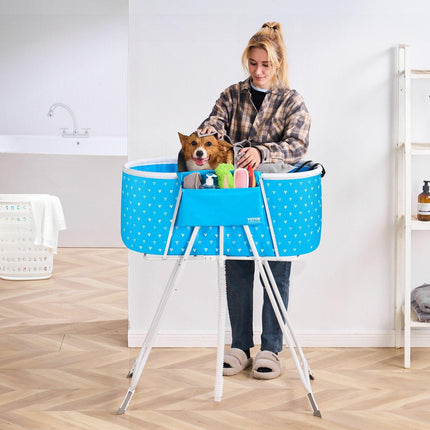 Portable Dog Bathtub, Elevated & Foldable Space-saving Pet Shower Station with Quick Drainage, Bathing Tub for Washing & Grooming Small and Medium Size Dogs and Cats Indoor & Outdoor, Light Blue.