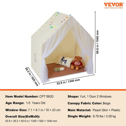 Kids Play Tent, Kids Tent for Kids 1-5 Years Old, Toddler Tent with Mat and Tent Lamp, Tent for Kids with Windows for Indoor and Outdoor, Yurt Tent for Boys and Girls, Beige.