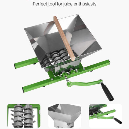 1.8 Gal/7L Fruit and Apple Crusher, Large Manual Grinder, Stainless Steel Fruit Scratter Pulper for Wine Cider Apple Grape Pressing, with Roller Handle for Kitchen Home, Green.