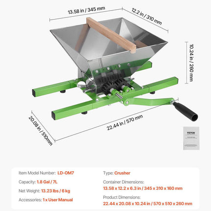 1.8 Gal/7L Fruit and Apple Crusher, Large Manual Grinder, Stainless Steel Fruit Scratter Pulper for Wine Cider Apple Grape Pressing, with Roller Handle for Kitchen Home, Green.