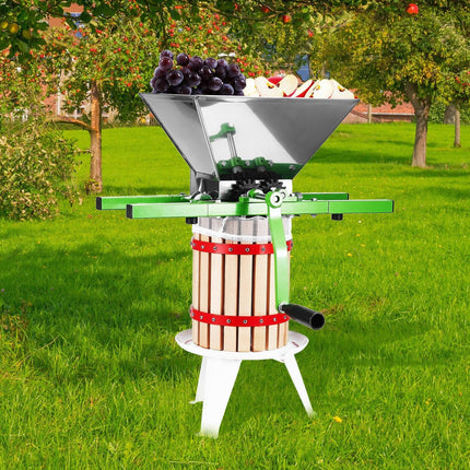 1.8 Gal/7L Fruit and Apple Crusher, Large Manual Grinder, Stainless Steel Fruit Scratter Pulper for Wine Cider Apple Grape Pressing, with Roller Handle for Kitchen Home, Green.