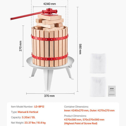 Fruit Wine Press Manual Press for Wine Making 3.2 Gal/12L Wood Basket.