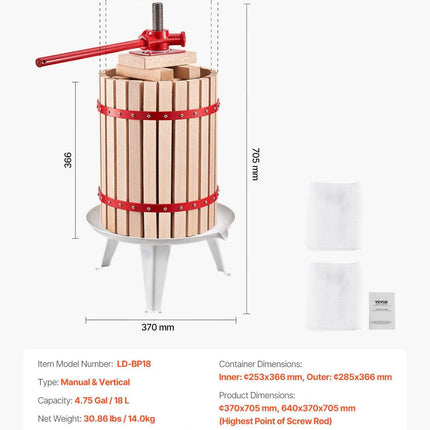 Fruit Wine Press Manual Press for Wine Making 4.75 Gal/18L Wood Basket.