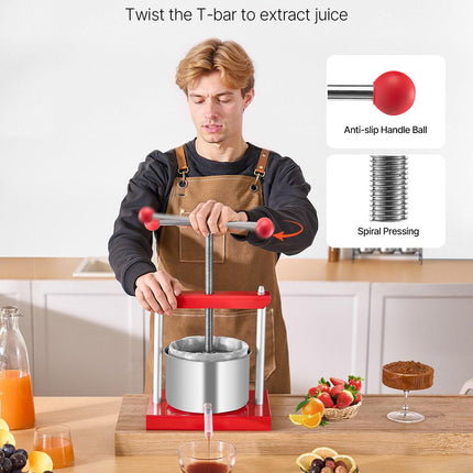 0.8 Gal/3L Fruit Wine Press, 2 Stainless Steel Barrels, Manual Juice Maker, Cider Apple Grape Tincture Honey Olive Oil Making Press with T-Handle for Outdoor Kitchen Home.