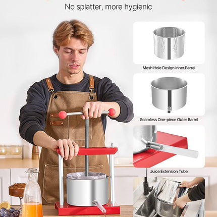 0.8 Gal/3L Fruit Wine Press, 2 Stainless Steel Barrels, Manual Juice Maker, Cider Apple Grape Tincture Honey Olive Oil Making Press with T-Handle for Outdoor Kitchen Home.