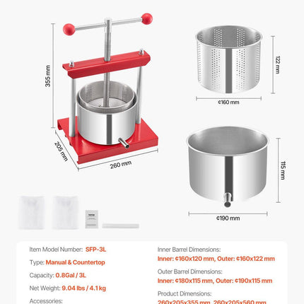 0.8 Gal/3L Fruit Wine Press, 2 Stainless Steel Barrels, Manual Juice Maker, Cider Apple Grape Tincture Honey Olive Oil Making Press with T-Handle for Outdoor Kitchen Home.