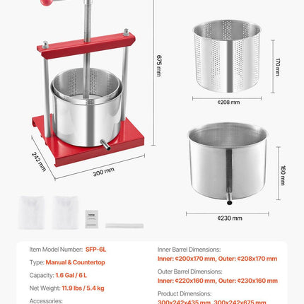 Fruit Wine Press Manual Press for Wine Making 1.6 Gal/6L Stainless Steel.