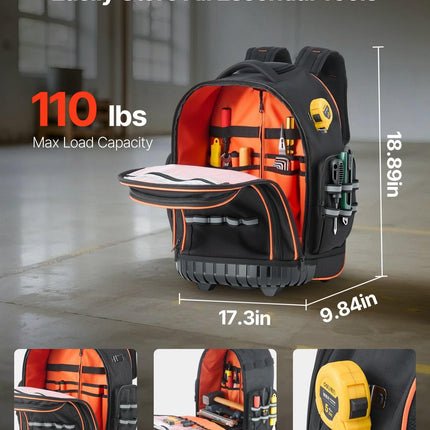 Rolling Tool Backpack, 110 lbs Load Capacity, 45 Pockets Heavy Duty Roller Tool Bag on Wheels, Adjustable Telescoping Handle & Stable Base, Toolbag Organizers for Construction, Mechanic.