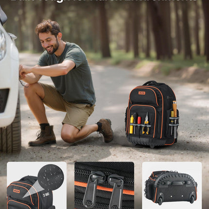 Rolling Tool Backpack, 110 lbs Load Capacity, 45 Pockets Heavy Duty Roller Tool Bag on Wheels, Adjustable Telescoping Handle & Stable Base, Toolbag Organizers for Construction, Mechanic.