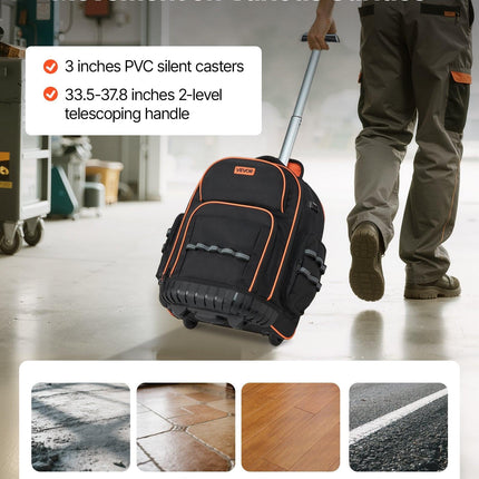 Rolling Tool Backpack, 110 lbs Load Capacity, 45 Pockets Heavy Duty Roller Tool Bag on Wheels, Adjustable Telescoping Handle & Stable Base, Toolbag Organizers for Construction, Mechanic.