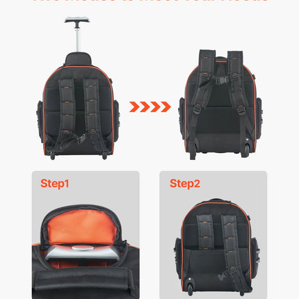Rolling Tool Backpack, 110 lbs Load Capacity, 45 Pockets Heavy Duty Roller Tool Bag on Wheels, Adjustable Telescoping Handle & Stable Base, Toolbag Organizers for Construction, Mechanic.