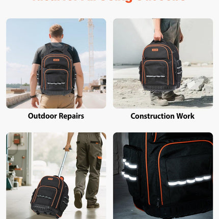 Rolling Tool Backpack, 110 lbs Load Capacity, 45 Pockets Heavy Duty Roller Tool Bag on Wheels, Adjustable Telescoping Handle & Stable Base, Toolbag Organizers for Construction, Mechanic.