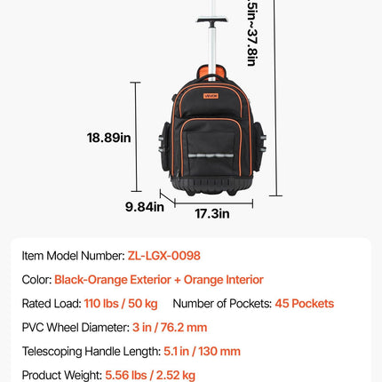 Rolling Tool Backpack, 110 lbs Load Capacity, 45 Pockets Heavy Duty Roller Tool Bag on Wheels, Adjustable Telescoping Handle & Stable Base, Toolbag Organizers for Construction, Mechanic.