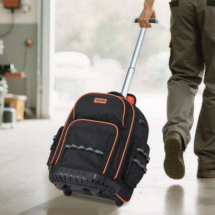 Rolling Tool Backpack, 110 lbs Load Capacity, 45 Pockets Heavy Duty Roller Tool Bag on Wheels, Adjustable Telescoping Handle & Stable Base, Toolbag Organizers for Construction, Mechanic.