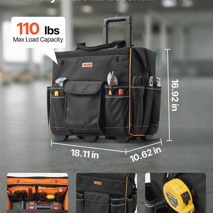 Rolling Tool Bag, 110 lbs Load Capacity, 25 Pockets Heavy Duty Roller Tool Bag with Adjustable Telescoping Handle & Stable Base, Toolbag Organizers with Wheels for Electrician, Construction.