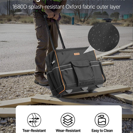 Rolling Tool Bag, 110 lbs Load Capacity, 25 Pockets Heavy Duty Roller Tool Bag with Adjustable Telescoping Handle & Stable Base, Toolbag Organizers with Wheels for Electrician, Construction.
