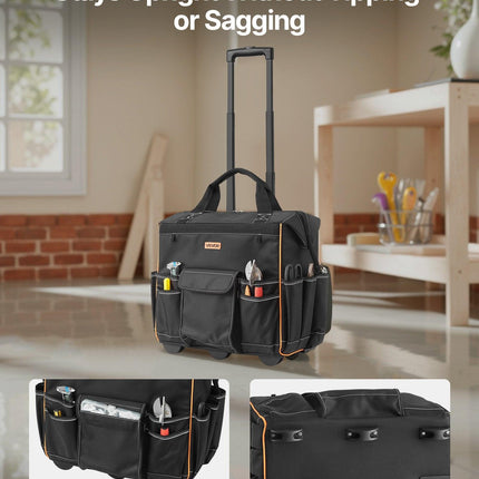 Rolling Tool Bag, 110 lbs Load Capacity, 25 Pockets Heavy Duty Roller Tool Bag with Adjustable Telescoping Handle & Stable Base, Toolbag Organizers with Wheels for Electrician, Construction.