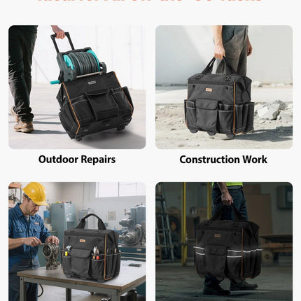 Rolling Tool Bag, 110 lbs Load Capacity, 25 Pockets Heavy Duty Roller Tool Bag with Adjustable Telescoping Handle & Stable Base, Toolbag Organizers with Wheels for Electrician, Construction.