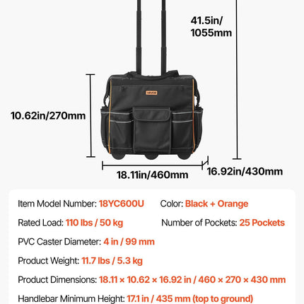 Rolling Tool Bag, 110 lbs Load Capacity, 25 Pockets Heavy Duty Roller Tool Bag with Adjustable Telescoping Handle & Stable Base, Toolbag Organizers with Wheels for Electrician, Construction.
