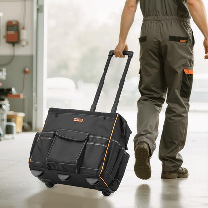 Rolling Tool Bag, 110 lbs Load Capacity, 25 Pockets Heavy Duty Roller Tool Bag with Adjustable Telescoping Handle & Stable Base, Toolbag Organizers with Wheels for Electrician, Construction.